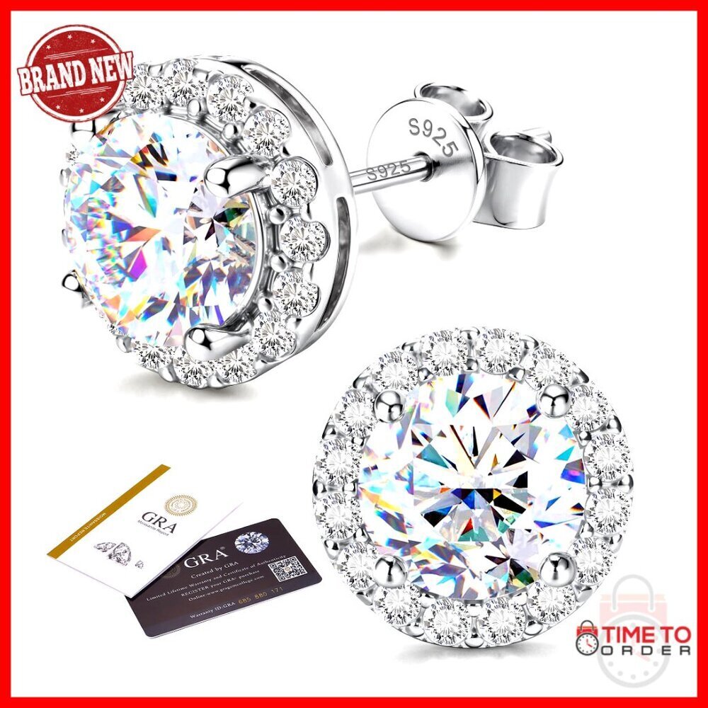 Moissanite Halo Stud Earrings 18K Gold Plated Sterling Silver Hypoallergenic